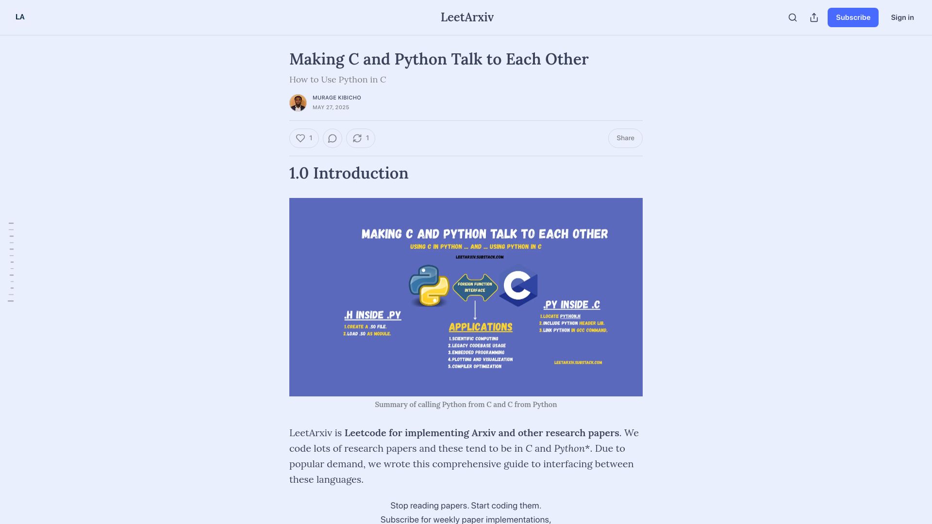 Screenshot of leetarxiv.substack.com: Making C and Python Talk to Each Other