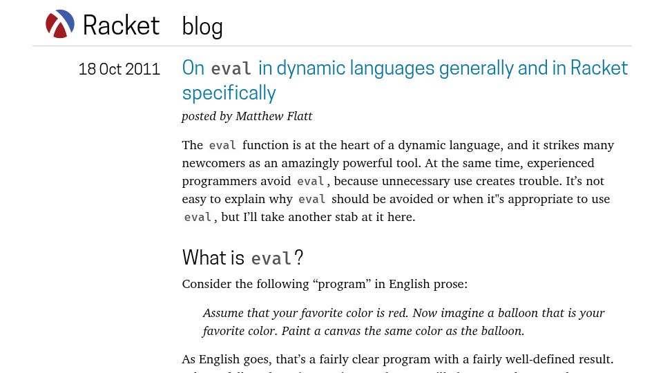 Screenshot of blog.racket-lang.org: On eval in dynamic languages generally and in Racket specifically (2011)