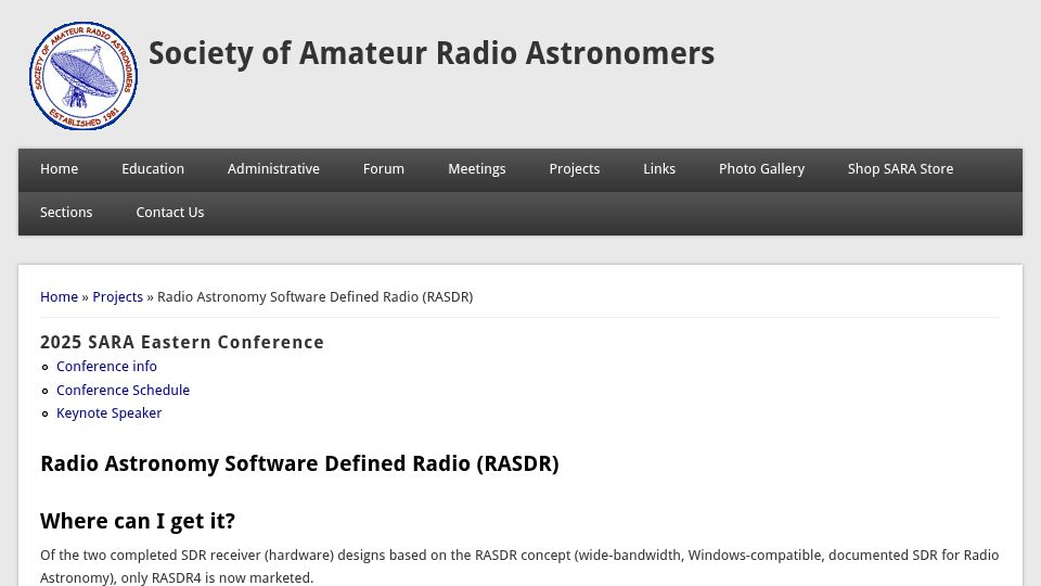 Screenshot of radio-astronomy.org: Radio Astronomy Software Defined Radio (Rasdr)
