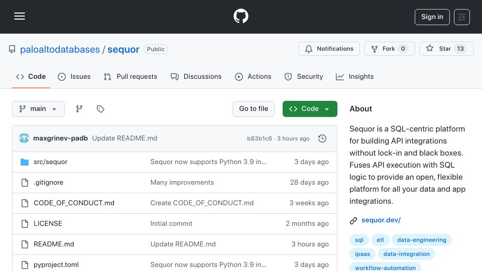 Screenshot of github.com: Build API integrations with SQL and YAML – no SaaS lock-in, no drag-and-drop UIs