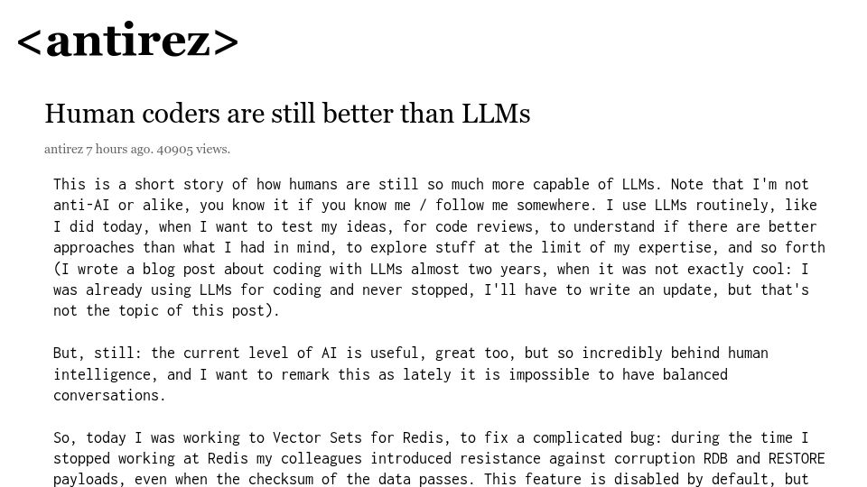 Screenshot of antirez.com: Human coders are still better than LLMs