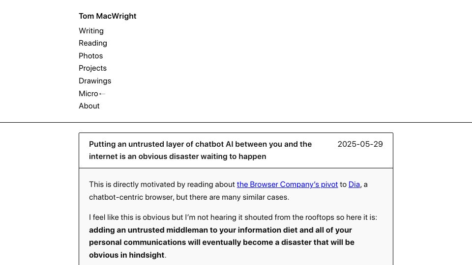 Screenshot of macwright.com: Untrusted chatbot AI between you & the internet is a disaster waiting to happen