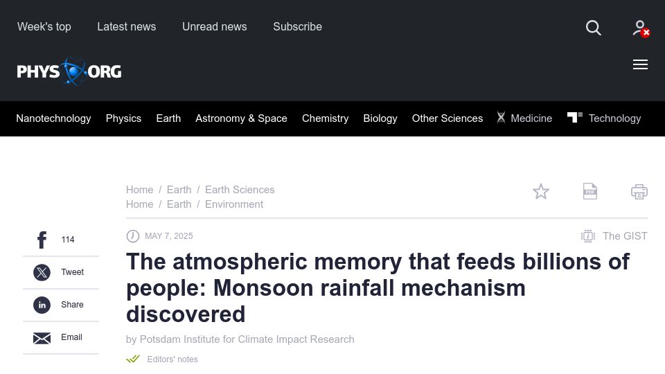 Screenshot of phys.org: The atmospheric memory that feeds billions of people: Monsoon rainfall mechanism
