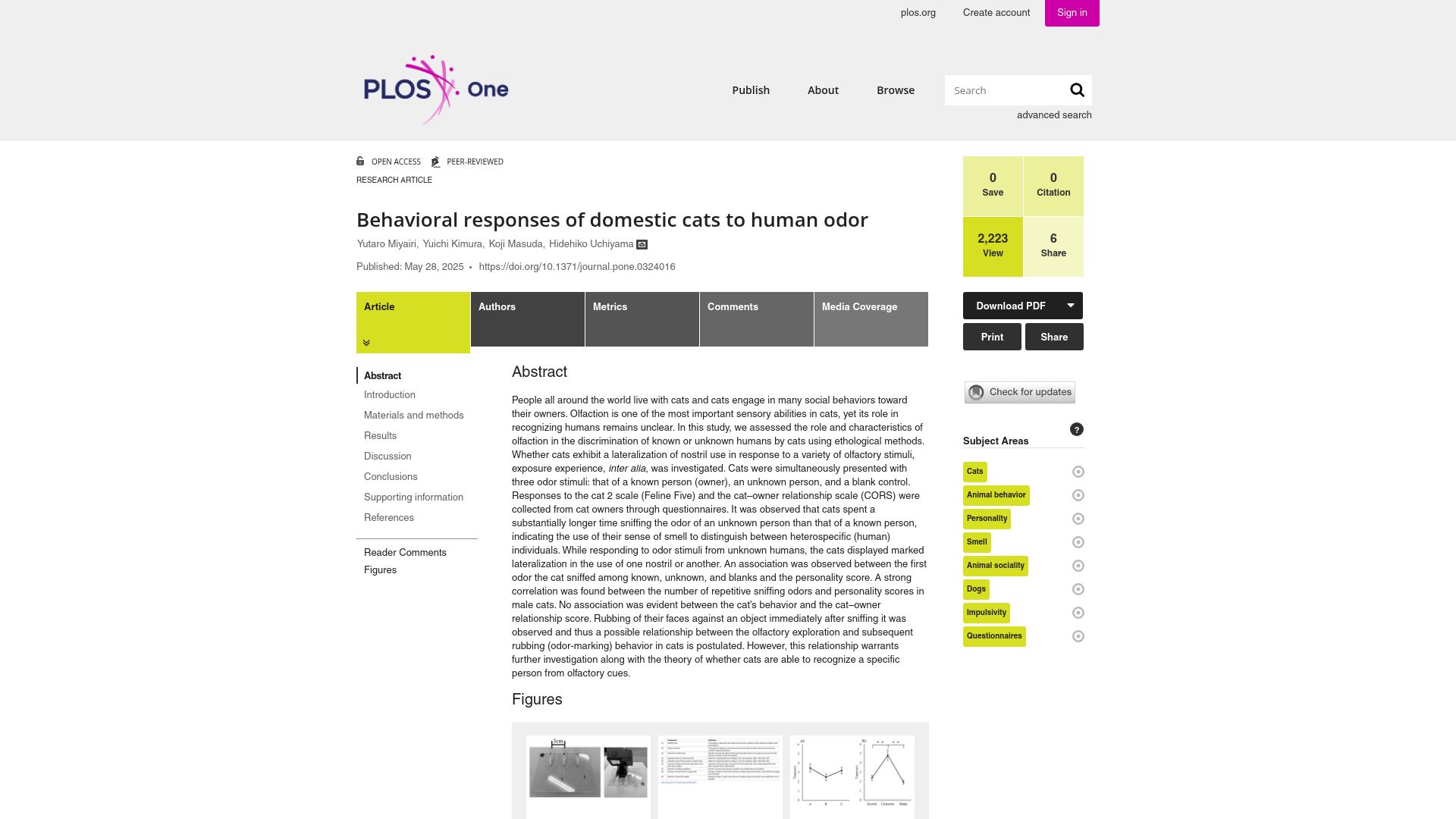 Screenshot of journals.plos.org: Behavioral responses of domestic cats to human odor