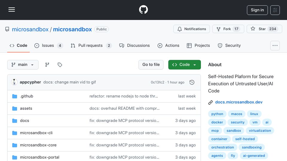 Screenshot of github.com: Microsandbox: Virtual Machines that feel and perform like containers