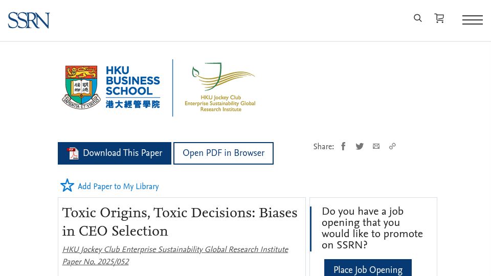 Screenshot of papers.ssrn.com: Toxic Origins, Toxic Decisions: Biases in CEO Selection