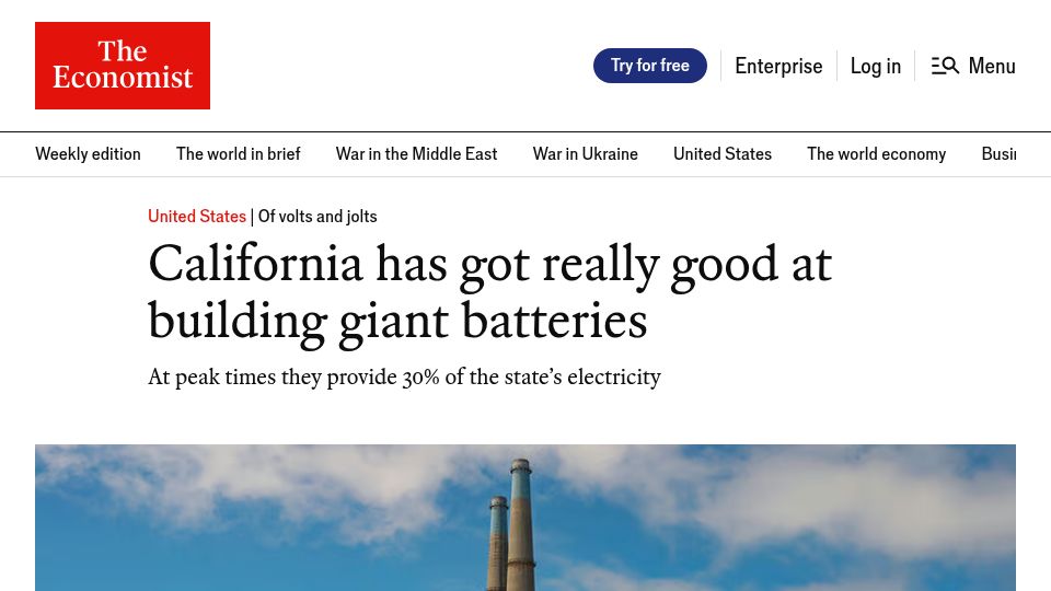 Screenshot of economist.com: California has got good at building giant batteries