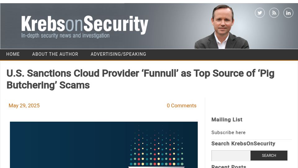 Screenshot of krebsonsecurity.com: U.S. sanctions cloud provider 'Funnull' as top source of 'pig butchering' scams