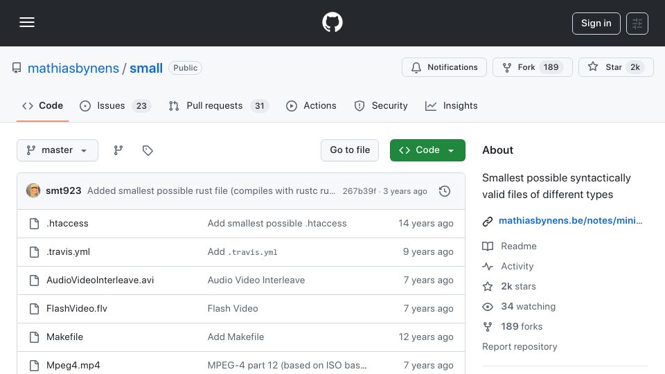 Screenshot of github.com: Smallest Possible Files