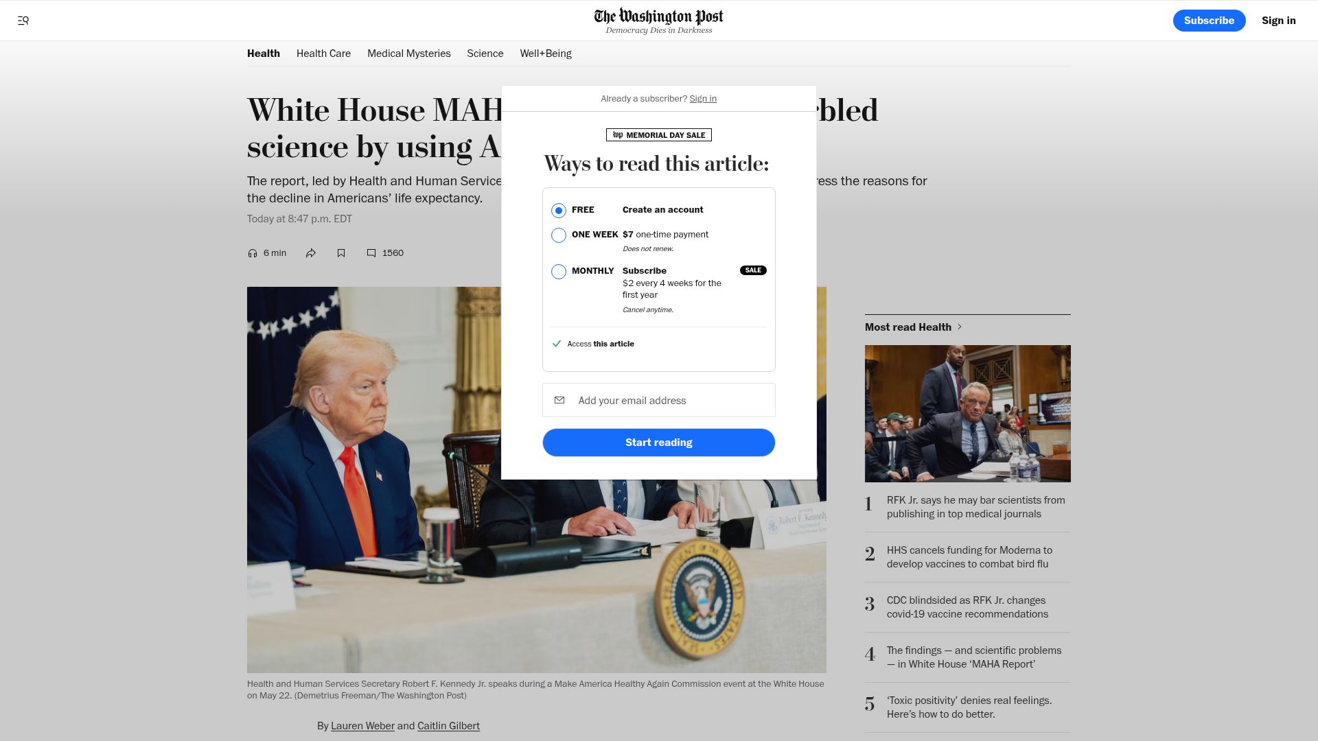 Screenshot of washingtonpost.com: White House MAHA Report may have garbled science by using AI