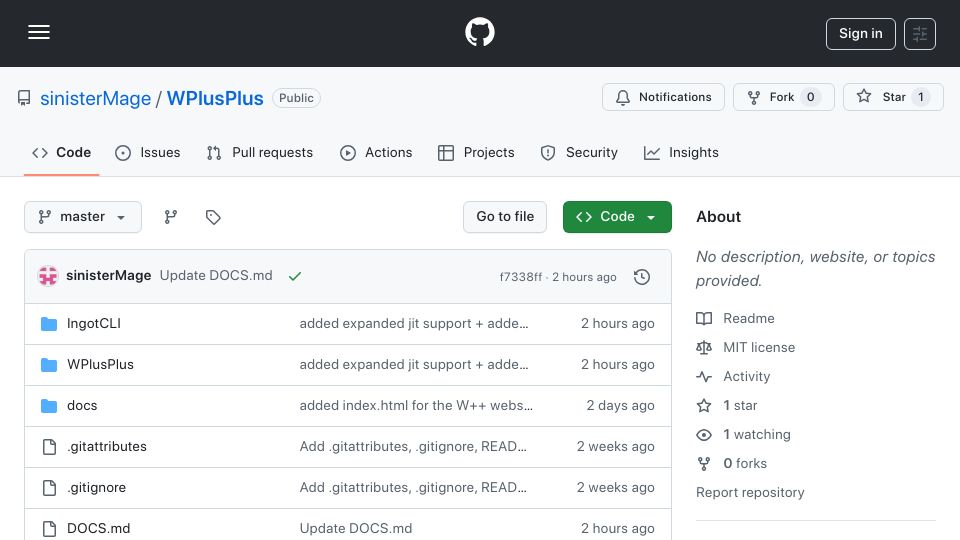 Screenshot of github.com: Show HN: W++ – A Python-style scripting language for .NET with NuGet support