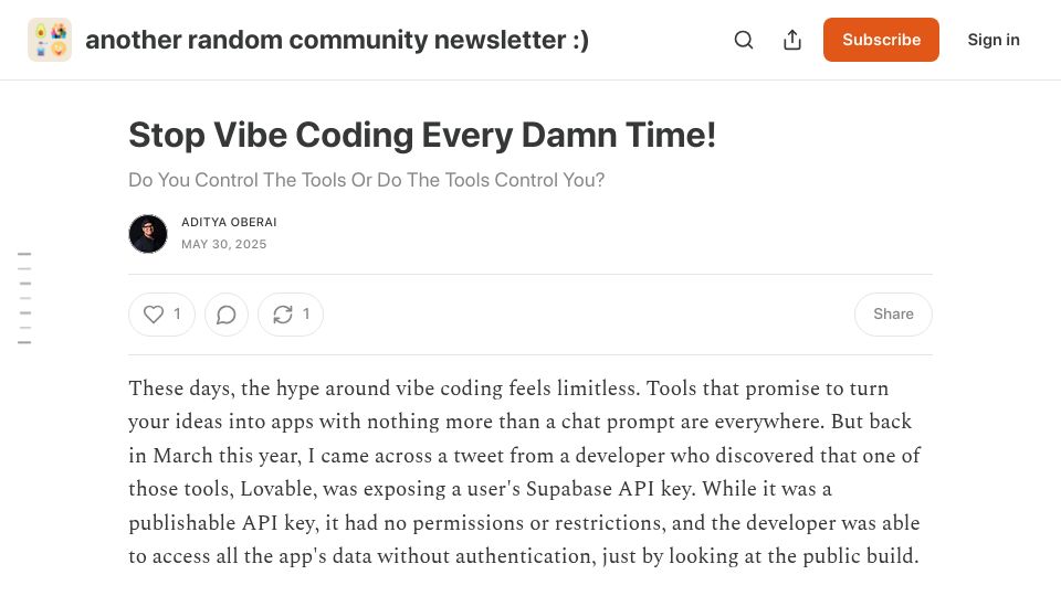 Screenshot of newsletter.oberai.dev: Vibe coding is not the same as using an AI assistant