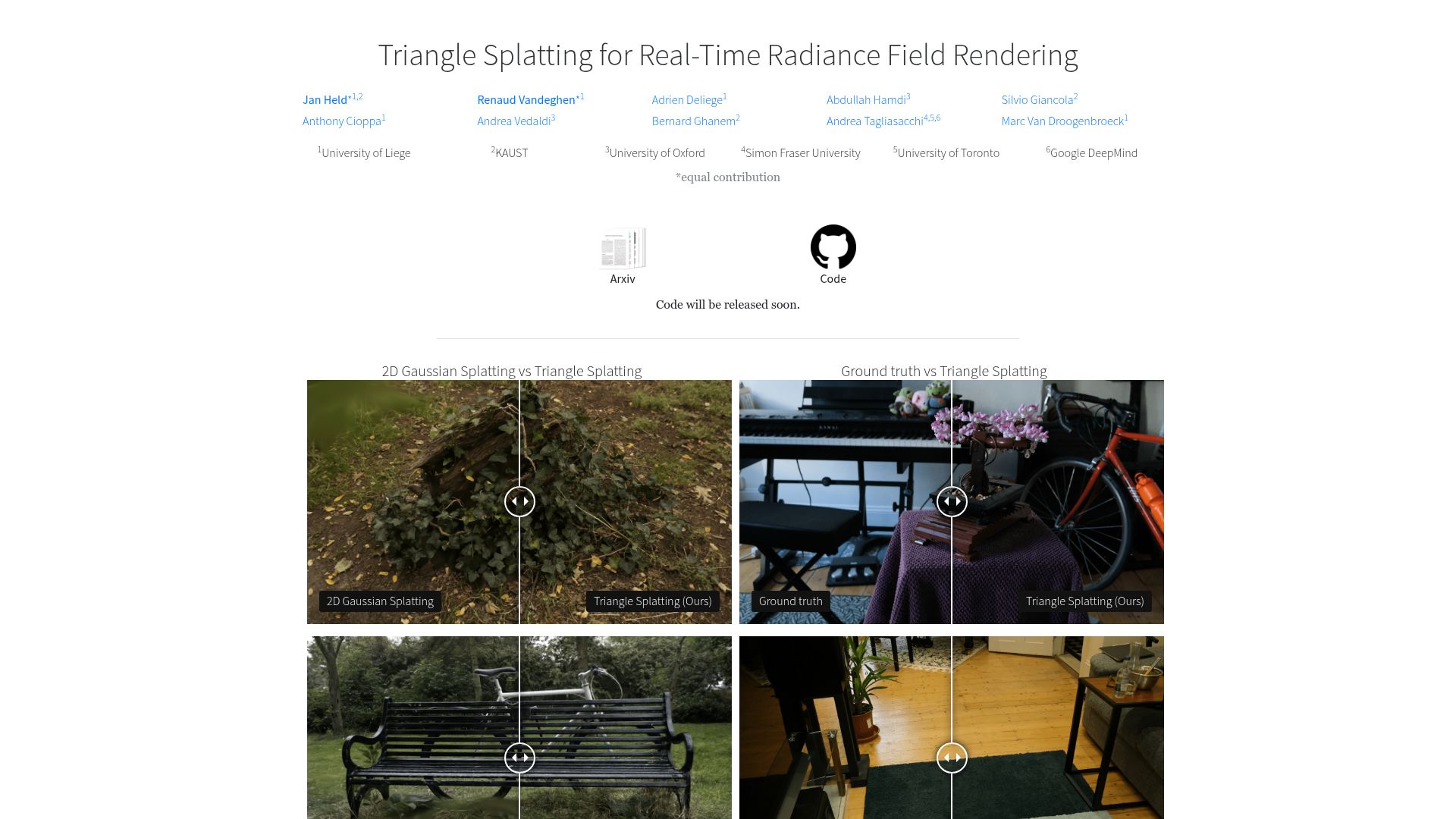 Screenshot of trianglesplatting.github.io: Triangle splatting: radiance fields represented by triangles