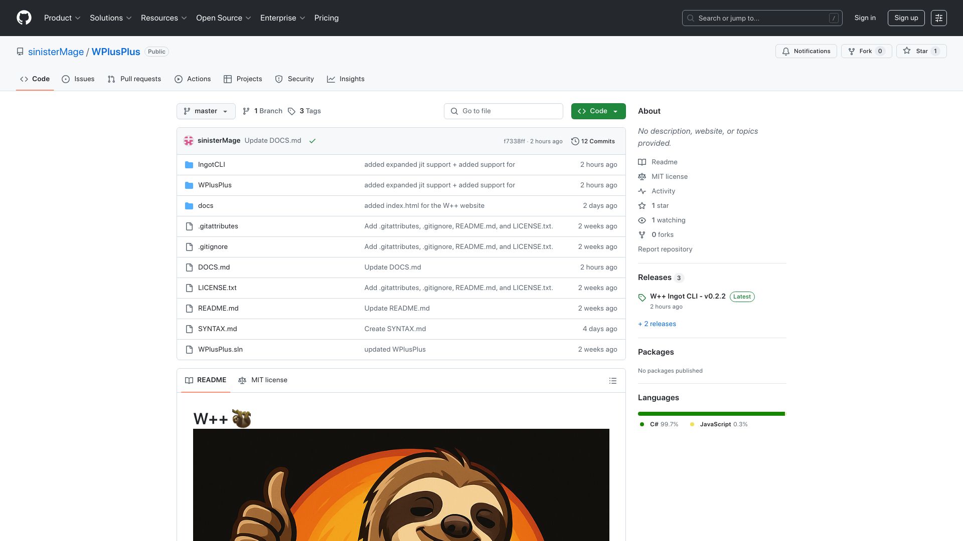 Screenshot of github.com: Show HN: W++ – A Python-style scripting language for .NET with NuGet support