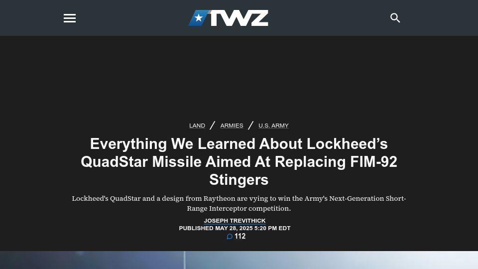 Screenshot of twz.com: Everything We Learned About Lockheed's "QuadStar" Stinger Missile Replacement