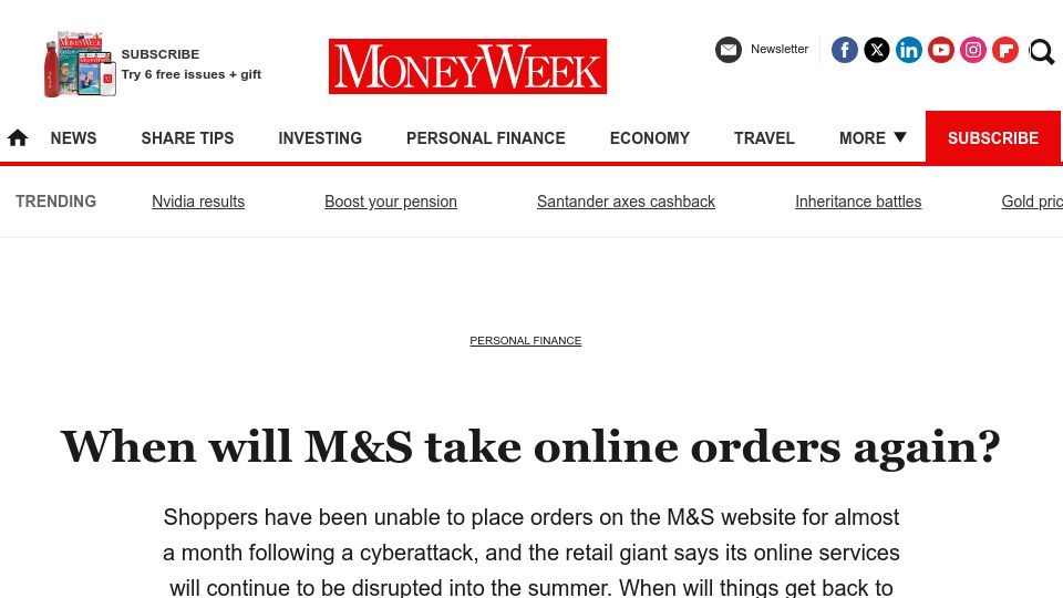 Screenshot of moneyweek.com: When will M&S take online orders again?