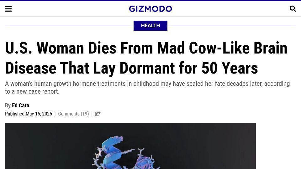 Screenshot of gizmodo.com: U.S. Woman Dies from Mad Cow-Like Brain Disease That Lay Dormant for 50 Years