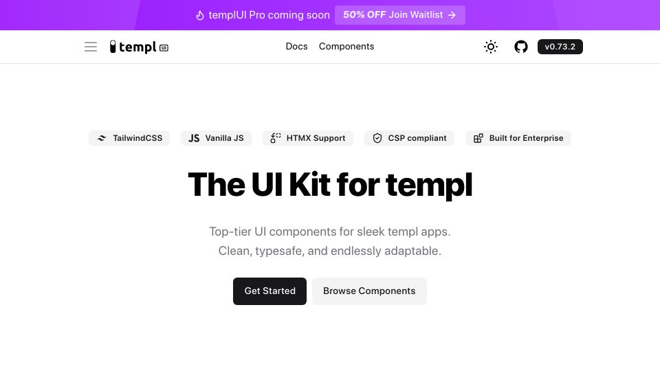 Screenshot of templui.io: Show HN: templUI – The UI Kit for templ (CLI-based, like shadcn/UI)