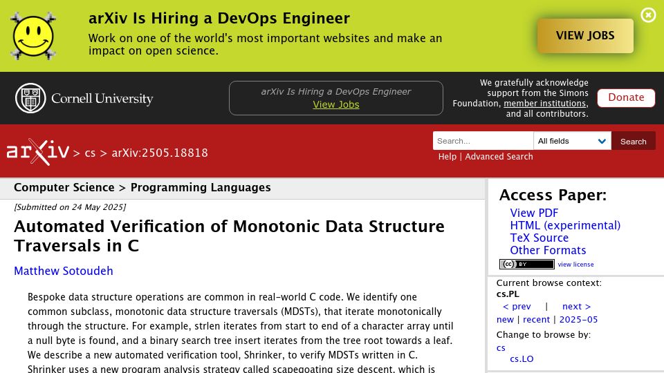 Screenshot of arxiv.org: Automated Verification of Monotonic Data Structure Traversals in C