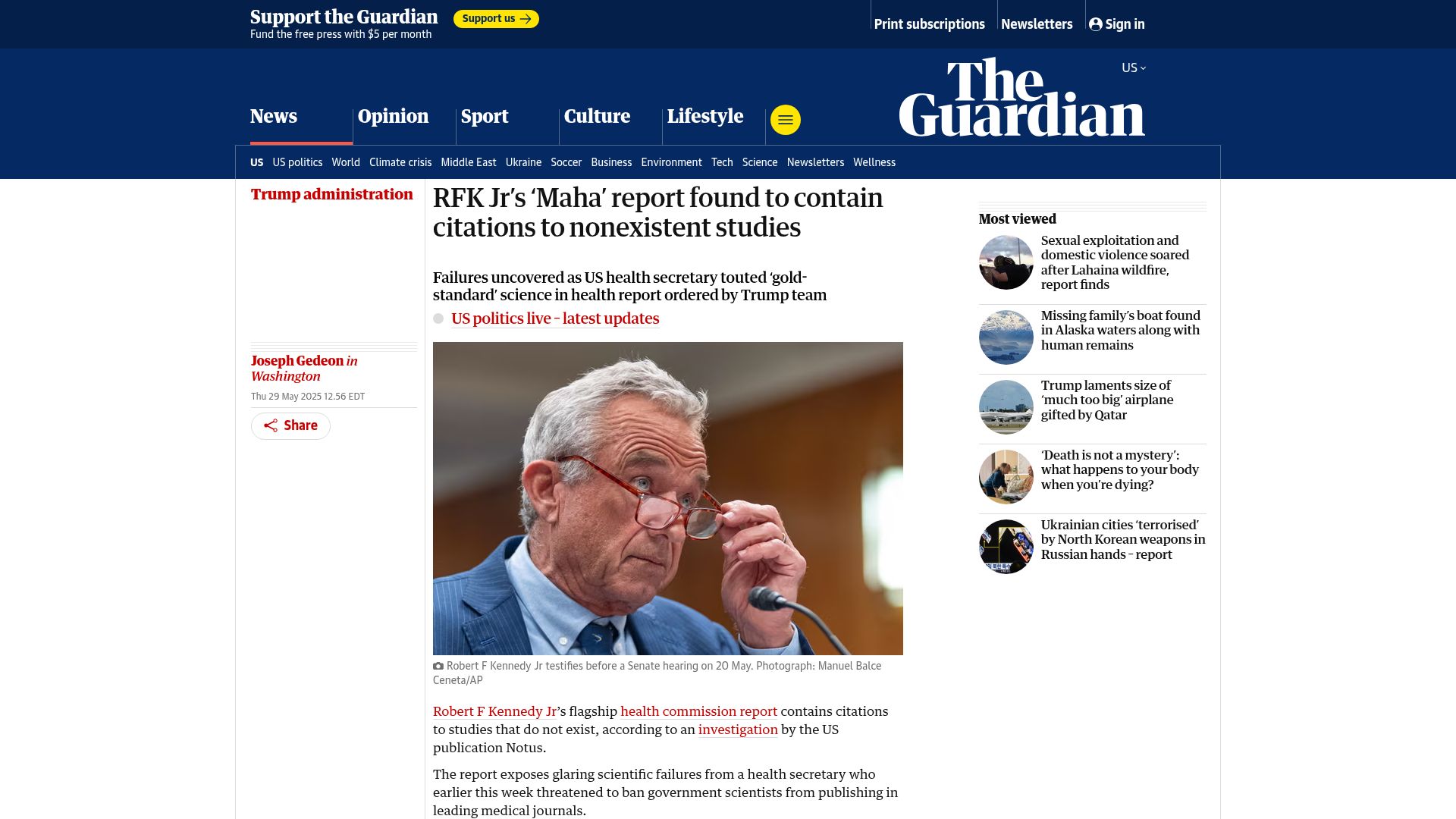Screenshot of theguardian.com: RFK Jr's 'Maha' report found to contain citations to nonexistent studies