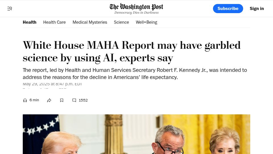 Screenshot of washingtonpost.com: White House MAHA Report may have garbled science by using AI