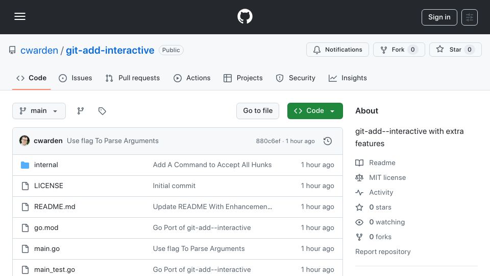 Screenshot of github.com: Show HN: Git-Add–Interactive with Enhancements