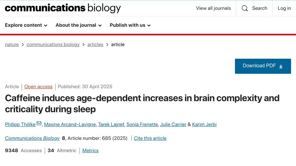Screenshot of nature.com: Caffeine induces age-dependent brain complexity and criticality during sleep