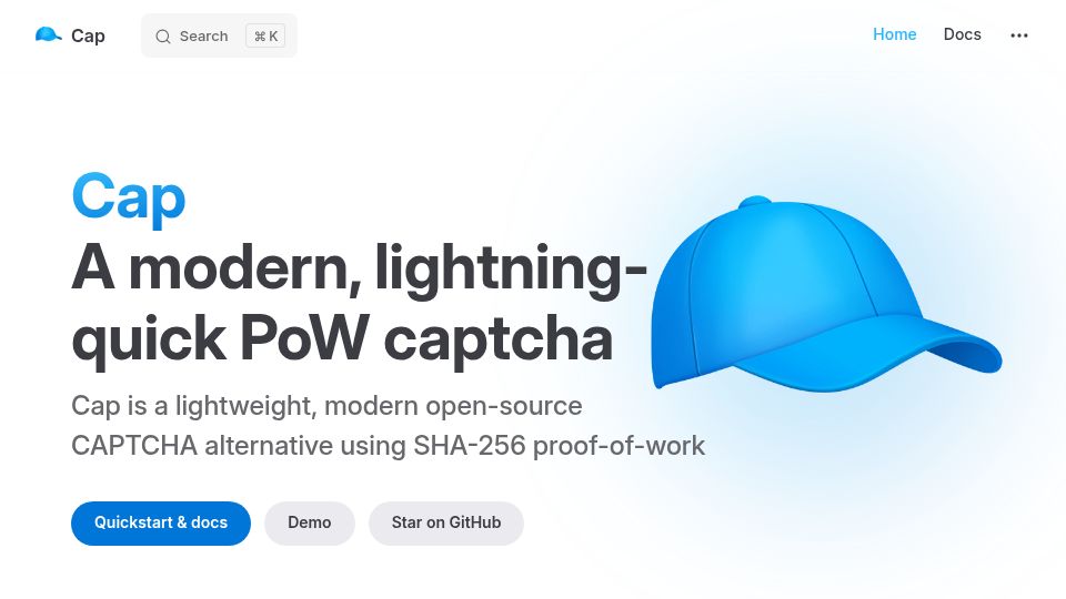 Screenshot of capjs.js.org: Cap: Lightweight, modern open-source CAPTCHA alternative using proof-of-work
