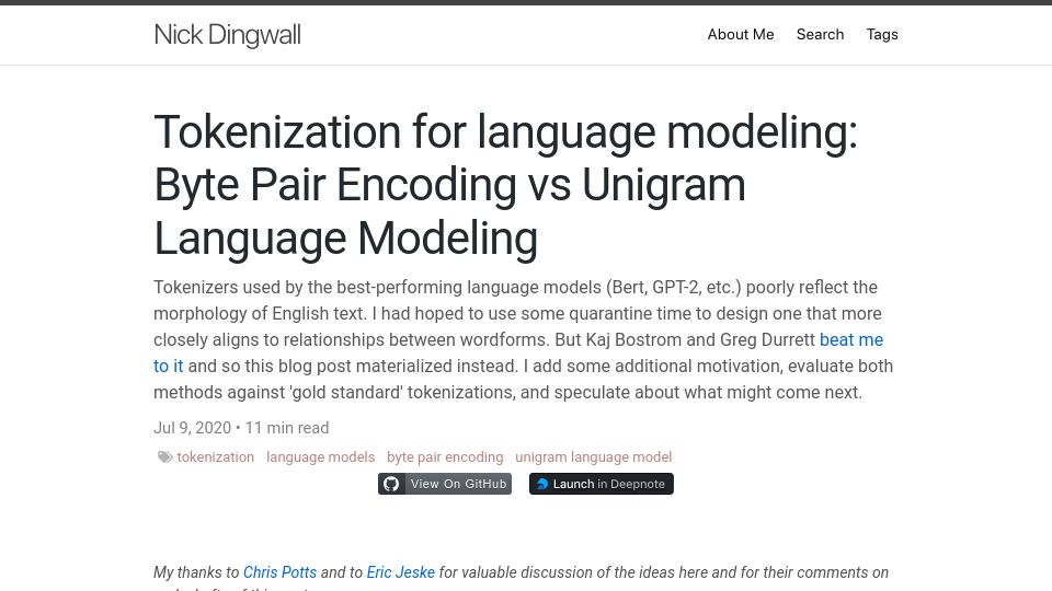 Screenshot of ndingwall.github.io: Tokenization for language modeling: BPE vs. Unigram Language Modeling (2020)