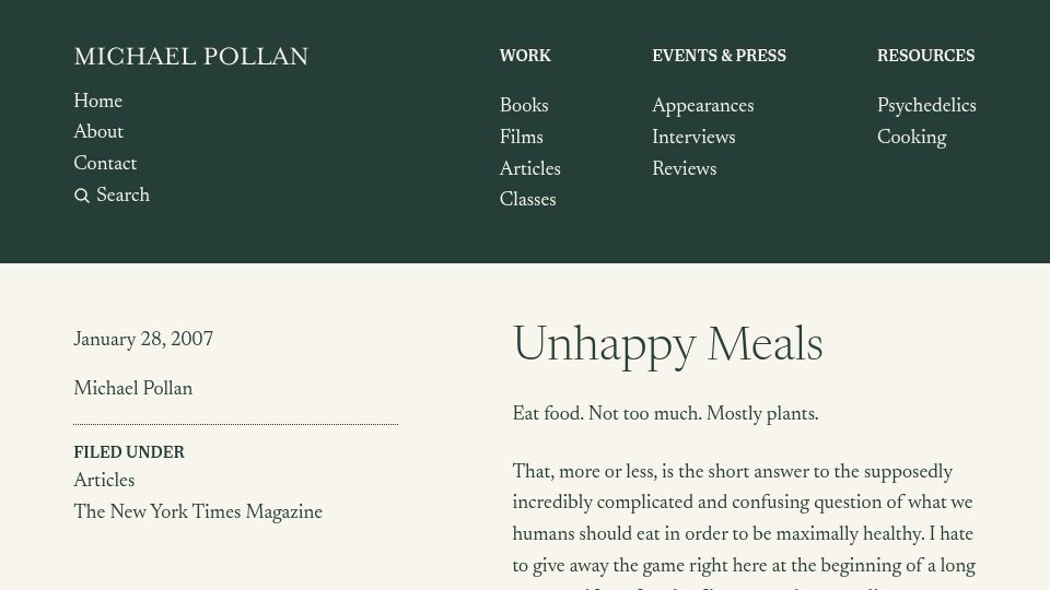 Screenshot of michaelpollan.com: Unhappy Meals (2007)