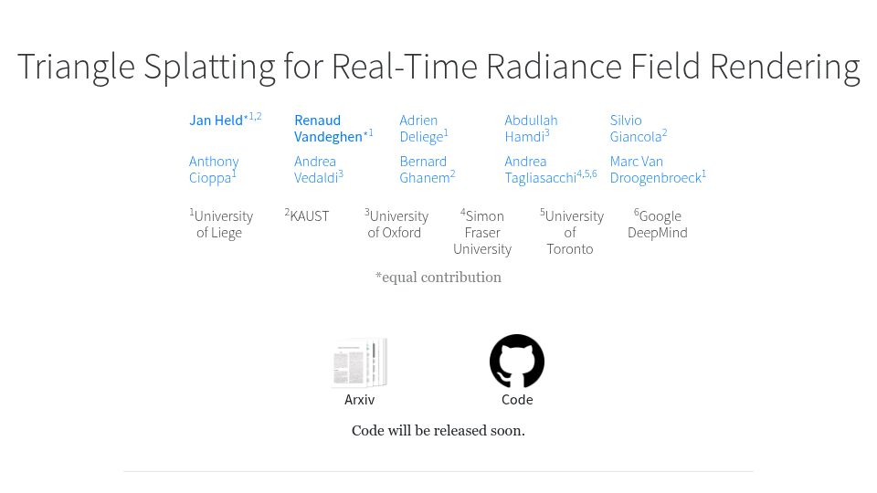 Screenshot of trianglesplatting.github.io: Triangle splatting: radiance fields represented by triangles