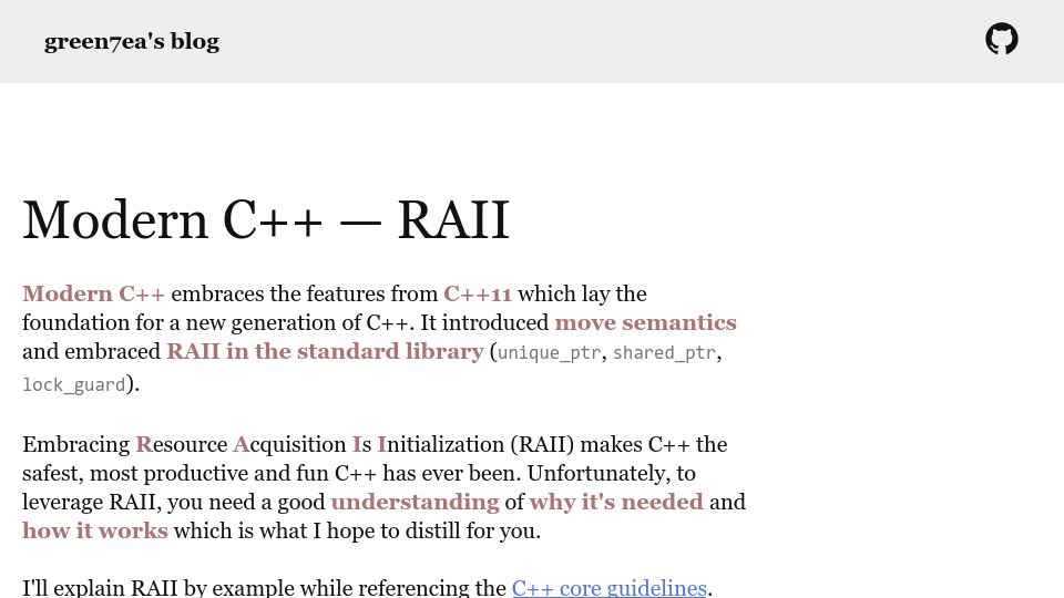 Screenshot of green7ea.github.io: Modern C++ – RAII