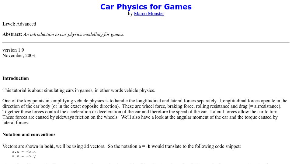 Screenshot of asawicki.info: Car Physics for Games (2003)