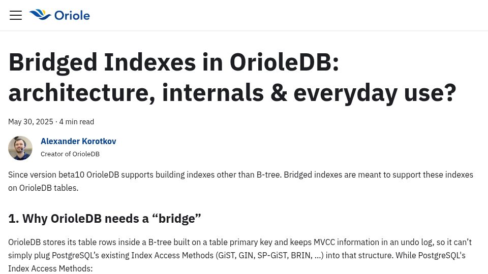 Screenshot of orioledb.com: Bridged Indexes in OrioleDB: architecture, internals and everyday use?