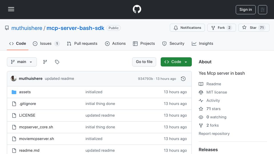 Screenshot of github.com: Show HN: MCP Server SDK in Bash