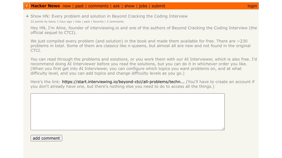 Screenshot of Hacker News post: Show HN: Every problem and solution in Beyond Cracking the Coding Interview