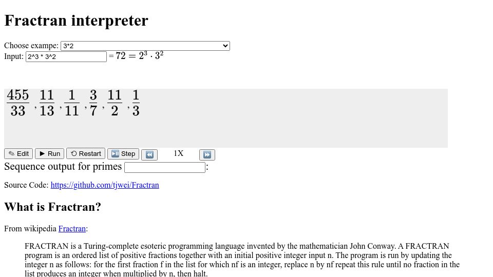 Screenshot of tjwei.github.io: Fractran Interpreter