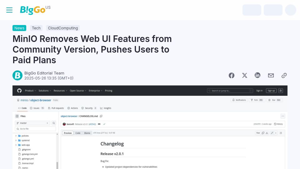 Screenshot of biggo.com: MinIO Removes Web UI Features from Community Version, Pushes Users to Paid Plans