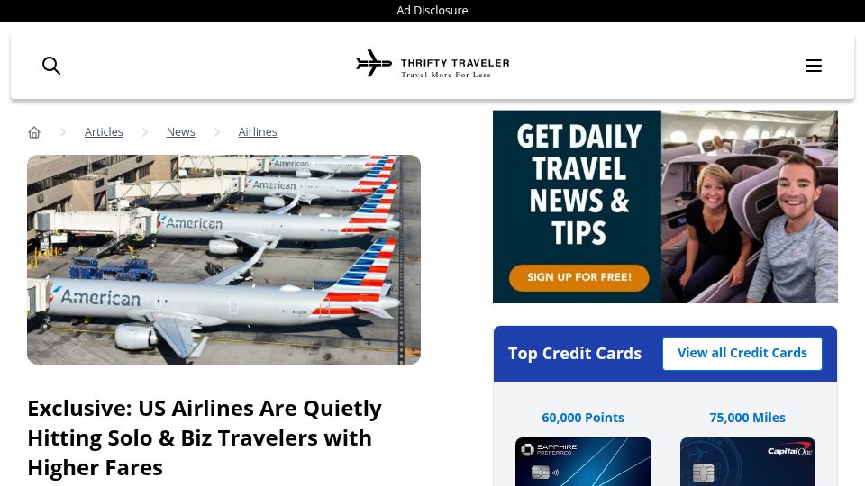 Screenshot of thriftytraveler.com: Airlines are charging solo passengers higher fares than groups