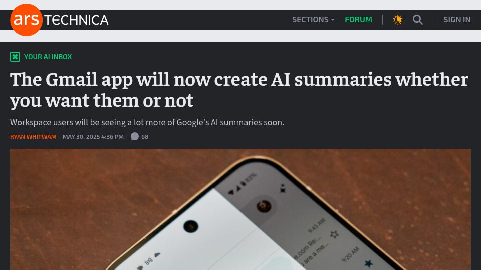 Screenshot of arstechnica.com: The Gmail app will now create AI summaries