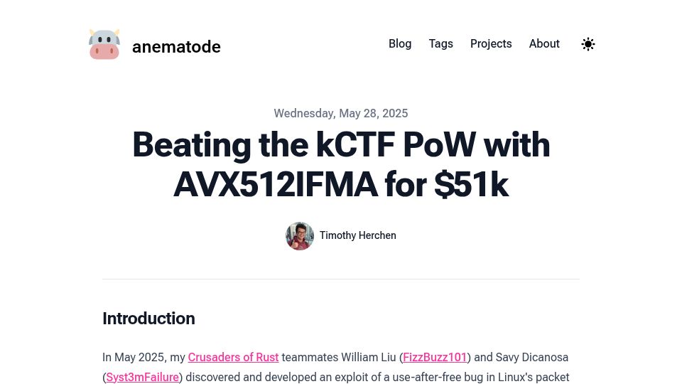 Screenshot of anemato.de: Beating Google's kernelCTF PoW using AVX512