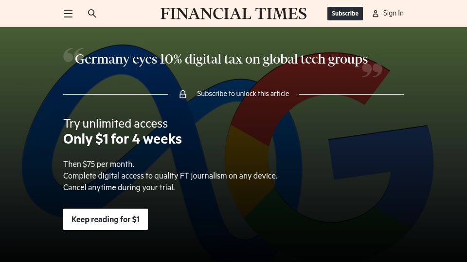 Screenshot of ft.com: Germany eyes 10% digital tax on global tech groups