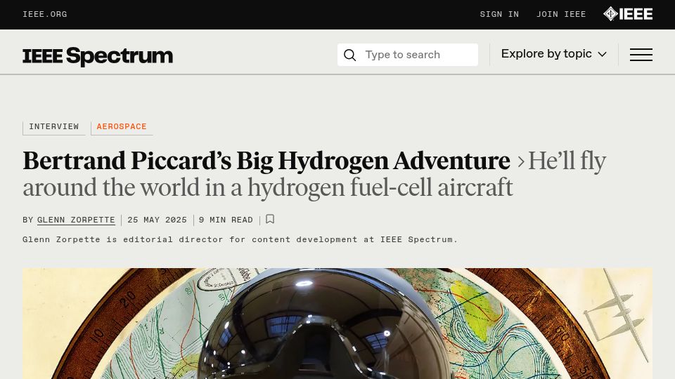 Screenshot of spectrum.ieee.org: Bertrand Piccard's Big Hydrogen Adventure – hydrogen fuel-cell aircraft
