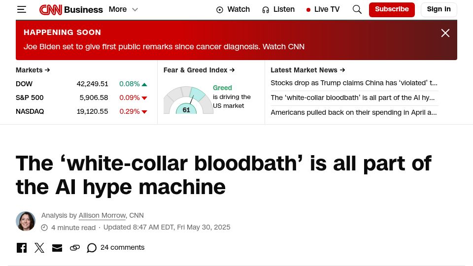 Screenshot of cnn.com: The ‘white-collar bloodbath’ is all part of the AI hype machine