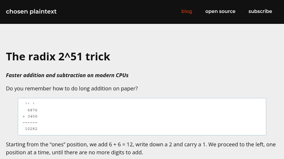 Screenshot of chosenplaintext.ca: The radix 2^51 trick (2017)