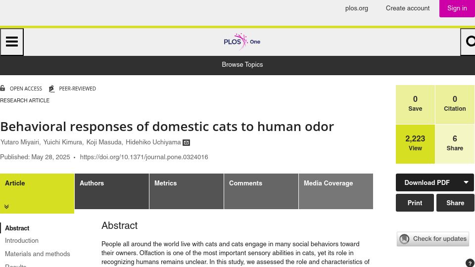 Screenshot of journals.plos.org: Behavioral responses of domestic cats to human odor