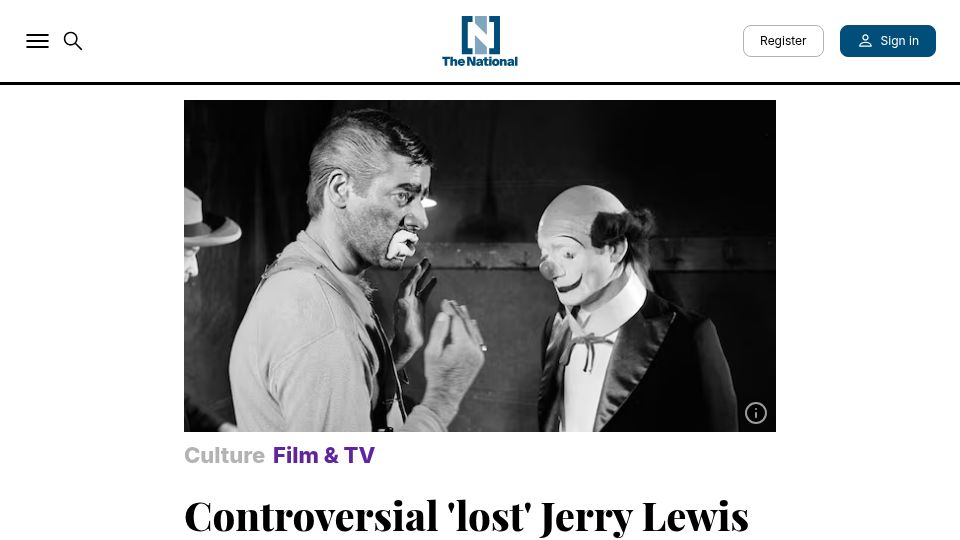 Screenshot of thenationalnews.com: Jerry Lewis's “The Day the Clown Cried” discovered in Sweden after 53 years
