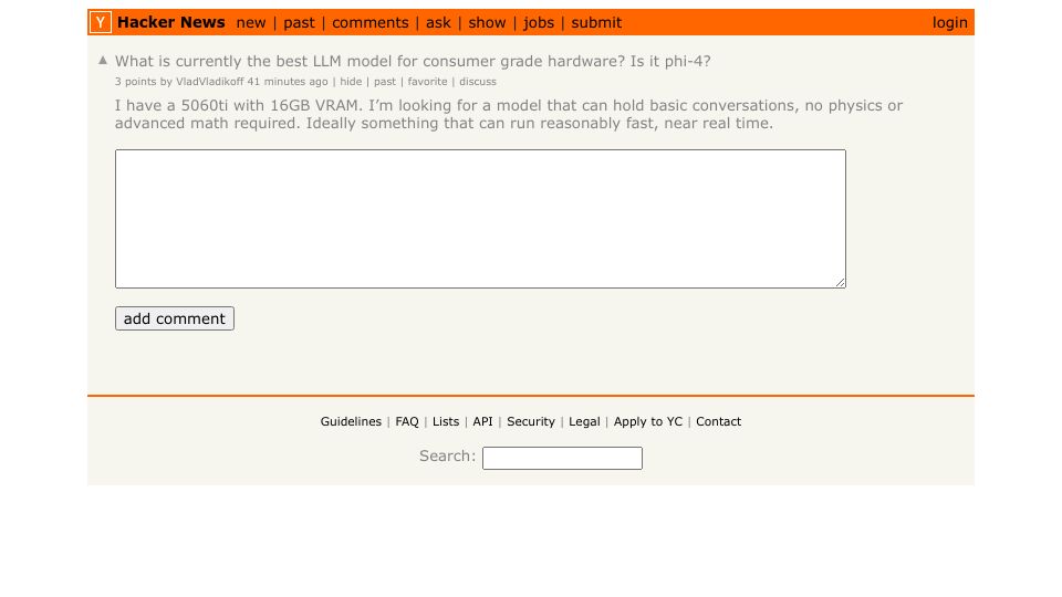 Screenshot of Hacker News post: Ask HN: What is the best LLM for consumer grade hardware?