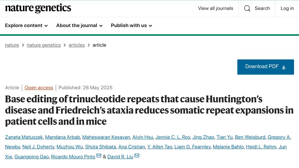 Screenshot of nature.com: Reducing Huntington’s-related repeat expansions in patient cells and in mice
