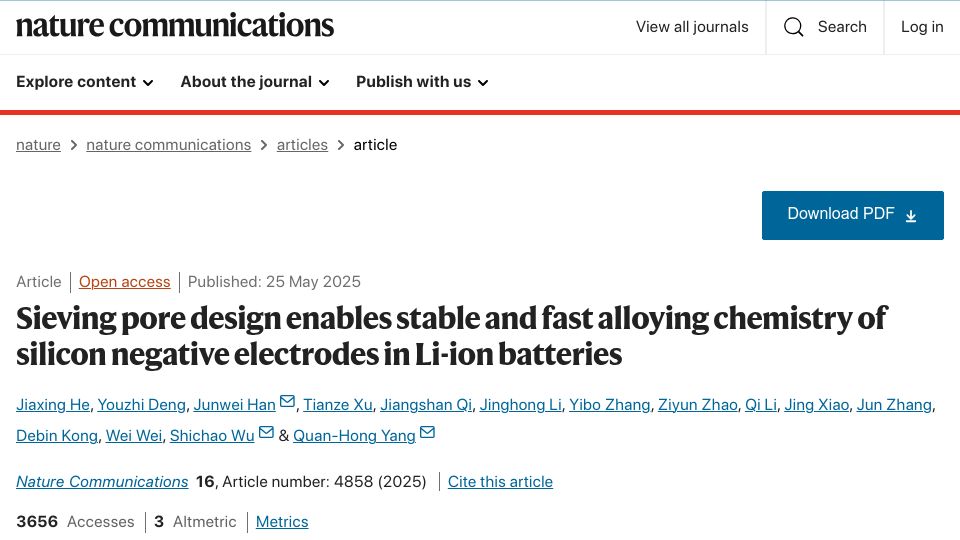 Screenshot of nature.com: Sieving pores: stable,fast alloying chemistry of Si -electrodes in Li-ion batt